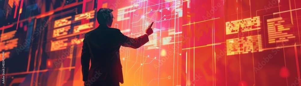 Wall mural Silhouette of a man interacting with a digital interface displaying data and graphics in a futuristic setting, representing technology and innovation.