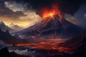 Dramatic landscape with a fiery volcano erupting under a twilight sky