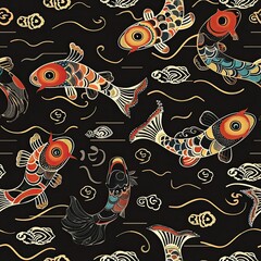 a image of a black background with a pattern of fish