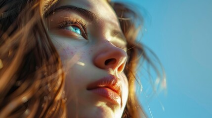 Obraz premium Portrait of a woman with blue eyes, focus on facial features