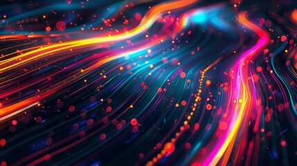 Vivid neon light trails with colorful bokeh effect on a dark background, showcasing abstract and futuristic digital art.
