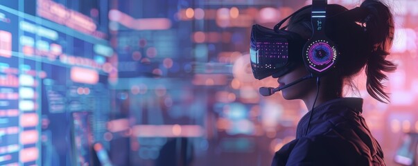 Fototapeta premium Woman using virtual reality headset in futuristic environment, surrounded by glowing screens and data visuals.