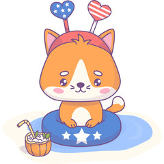 Beach patriotic cat with party headdress with hearts and cocktail with rubber circle floats in water