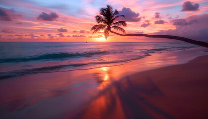 shadow of a palm tree in a beautiful sunset on a beach with a perfect sky