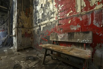 A worn-out wooden bench sits in a neglected room