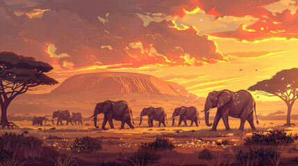 Fototapeta premium A group of elephants walking in a field with a sunset in the background