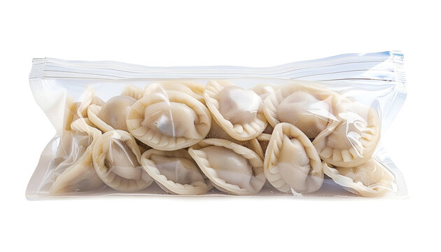 rectangle transperancy packing bag with round pelmeni inside, polytelene packing on white background
