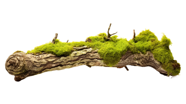 Fresh green moss on rotten branch on transparent png background.
