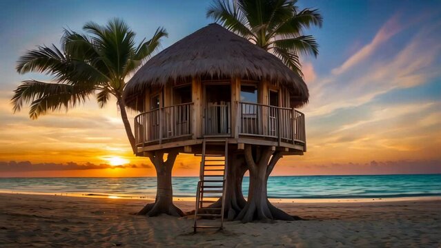 A beautiful treehouse on a beach with a stunning sunset in the background. AI.