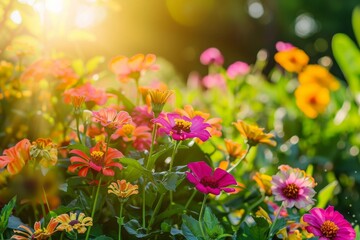 Fototapeta premium colourful Zi­nnias flowers in a garden in sunlight on nature outdoors