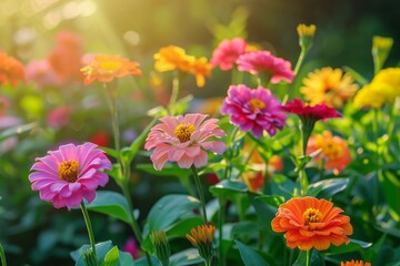 colourful Zi­nnias flowers in a garden in sunlight on nature outdoors