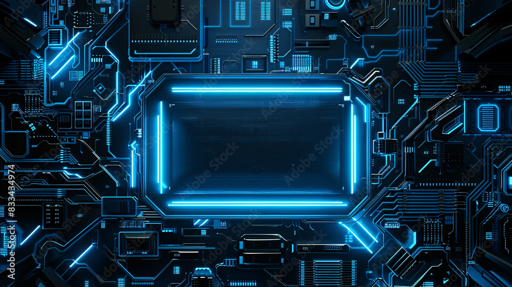 Wall mural A computer chip with a blue background. The chip is empty and has no visible contents. The blue background gives the image a futuristic and technological feel