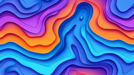 Colorful layered paper cut design with flowing shapes in blue, orange, and purple, creating a vibrant and dynamic abstract background.