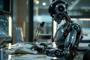 Fototapeta premium Human and AI Symbiosis in Advanced Urban Landscapes. Futuristic Background with Smart Robots and Androids.