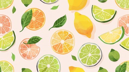 Obraz premium Watercolor illustration of lemons and leaves with pastel pink and yellow accents. The hand-painted style and soft color palette create a cheerful and fresh design, perfect for summer or kitchen decor.