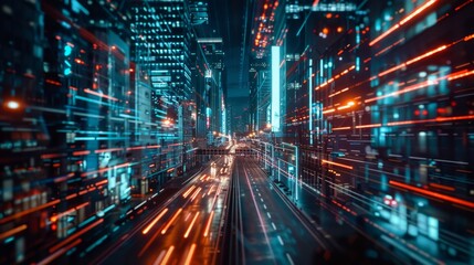 Fototapeta premium Futuristic cityscape with light trails and neon colors at night. Dynamic urban technology concept.