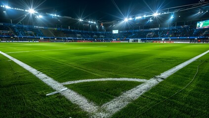 Obraz premium Lights shining with grass field white line large football stadium Lights and Grass Concept