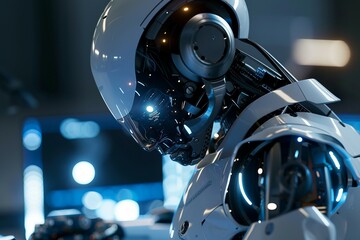 Fototapeta premium Human and AI Symbiosis in Advanced Urban Landscapes. Futuristic Background with Smart Robots and Androids.