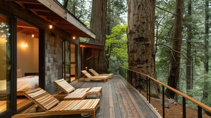Fototapeta premium Photo of a wooden deck with lounge chairs, surrounded by tall trees. The image conveys a peaceful, rustic retreat in a forest setting.