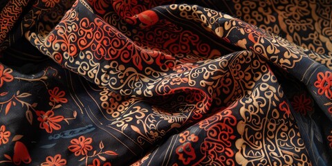 a image of a close up of a red and black patterned fabric