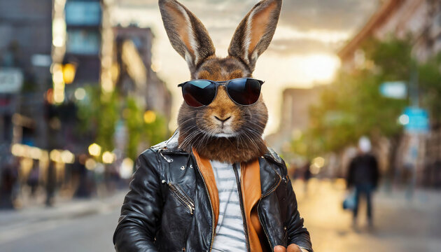 fantasy portrait of a stylish rabbit wearing a leather jacket and sunglasses on the street