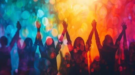 Group of people celebrating with raised arms in colorful, bokeh lighting. Vibrant and energetic party atmosphere.