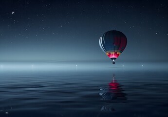 Hot air balloon floating over calm water starry night sky Hot Air Balloon Concept
