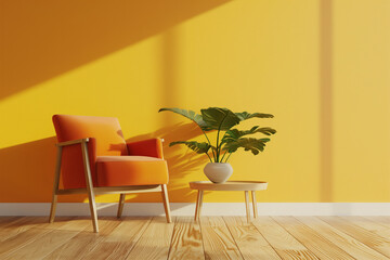 Modern wooden living room with an orange armchair on empty yellow wall background
