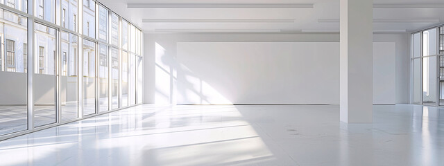 Obraz premium A large, empty room with a white wall and a window. The room is very clean and empty, with no furniture or decorations. The sunlight coming in through the window creates a bright and airy atmosphere