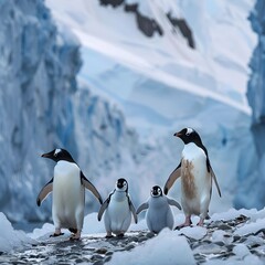Fototapeta premium Penguin Family in the Antarctic Landscape