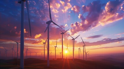 Dawn of Renewable Energy: Wind Turbines at Sunrise Symbolizing Sustainable Power's Future. Showcasing renewable energy's potential and promise.