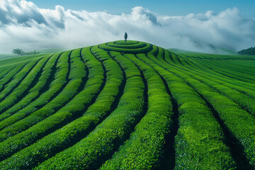 Aerial drone view of a person at tea plantation. Green field, 3d render