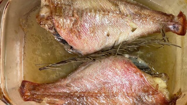 Baked redfishes in old glass baking dish on rustic table