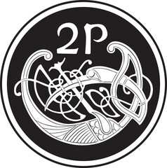 2 pence coin ireland currency vector design handmade silhouette.