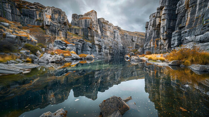 fault-block mountains with rugged cliffs and a tranquil, reflective lake