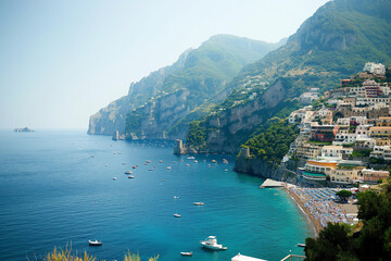 Naklejka premium A couple on their honeymoon along Italy's Amalfi Coast, with dramatic cliffs, charming coastal villages, and the sparkling Mediterranean Sea