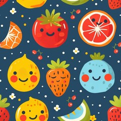 Brightly Colored Fruit Pattern Illustration with Citrus and Berries
