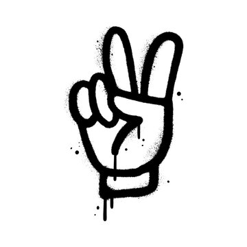 Urban Graffiti Hand with gesture V sign for victory in Spray Painted style isolated with a white background. Drops textured graffiti Hand gesturing V sign for peace symbol with over spray. Vector