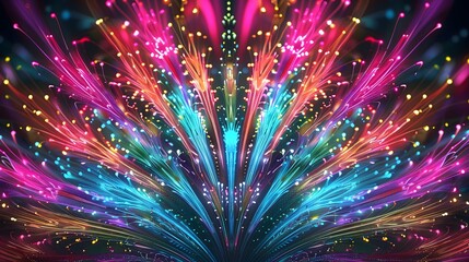 Colorful vibrant feathers display light beams black background. Multi-Colored Celebration Concept 