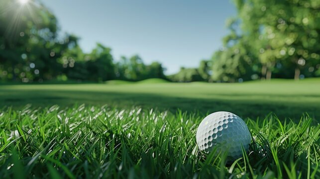 A golf ball sits in the grass on a sunny day, perfect for outdoor scenes and sporting events