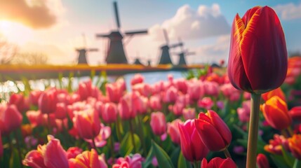 A field of flowers with a windmill in the background