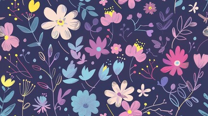 Flower wallpaper flat design top view hand-drawn theme cartoon drawing colored pastel. Seamless Pattern, Fabric Pattern.