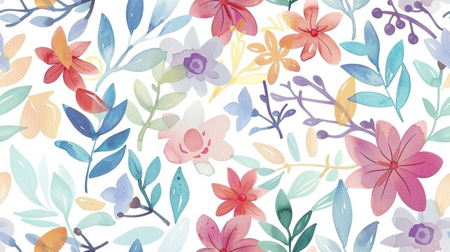 Drawn florals flat design top view drawn theme water color Triadic Color Scheme. Seamless Pattern, Fabric Pattern.