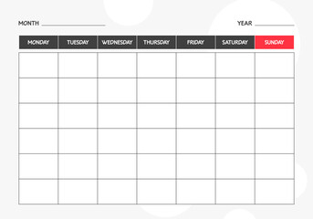 Monthly blank calendar planner template. Week Starts on Monday