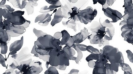 Digital florals flat design side view tech-inspired theme water color black and white. Seamless Pattern, Fabric Pattern.