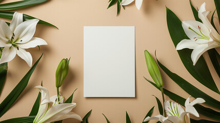 A top-down shot of a blank square card centered on a beige background, surrounded by delicate lily flowers arranged in a soft, flowing pattern, evoking the freshness and vibrancy of spring and summer.