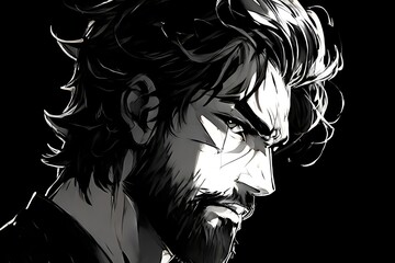 Fototapeta premium Attractive male with trending Pixiv Fanbox style reminiscent of 90s vintage anime, featuring wolfish characteristics and a beard.