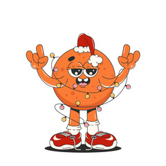 A tangerine in a Santa Claus hat in trendy groovy style. Isolated vector Illustration. Merry Christmas and Happy New Year celebration.