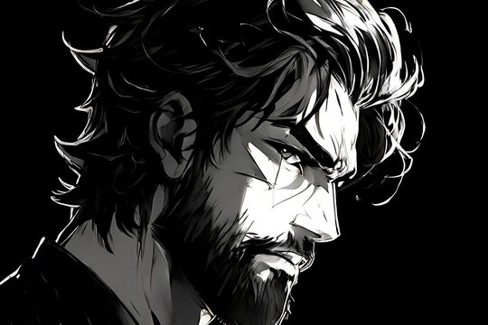 Attractive male with trending Pixiv Fanbox style reminiscent of 90s vintage anime, featuring wolfish characteristics and a beard.