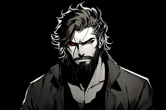 Attractive male with trending Pixiv Fanbox style reminiscent of 90s vintage anime, featuring wolfish characteristics and a beard.